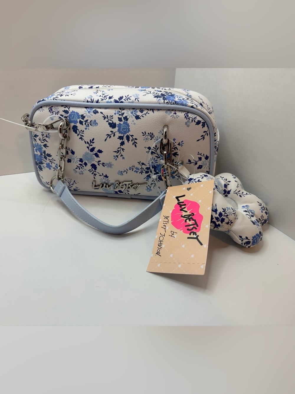 Betsey Johnson Blue & White Floral Crossbody Bag with Matching Plush Charm